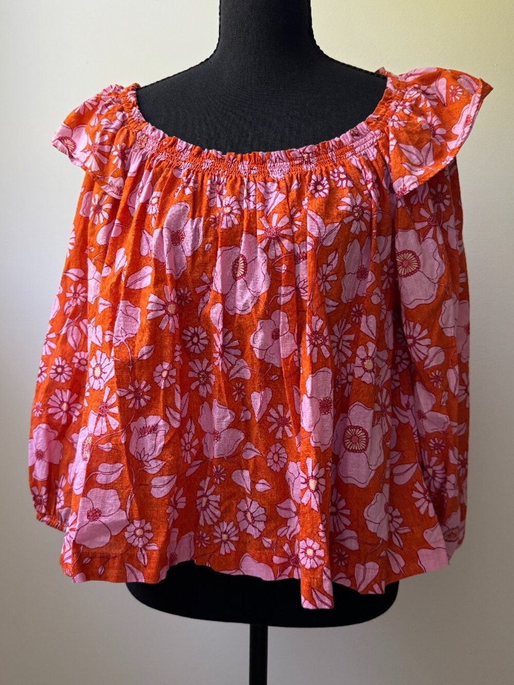 Free People Orange Pink Floral Peasant Blouse Smocked Ruffle Cotton Top Size S